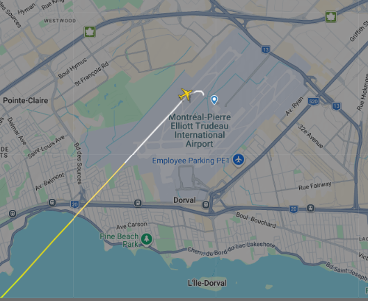 Flight tracking data showing AC774 on approach to Montreal-Trudeau Airport