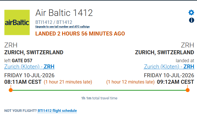 FlightAware summary for airBaltic flight BT1412, Zurich to Zurich