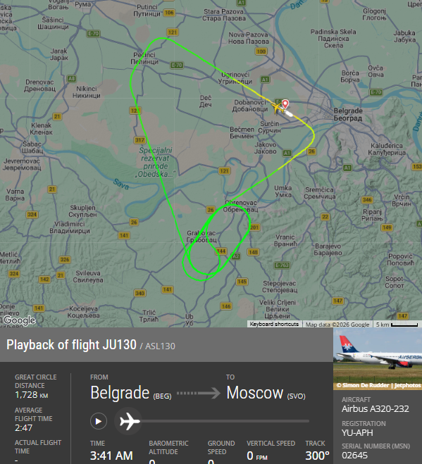FlightAware playback of Air Serbia JU130 showing the actual flight track with two holding patterns south of Belgrade before landing back at BEG