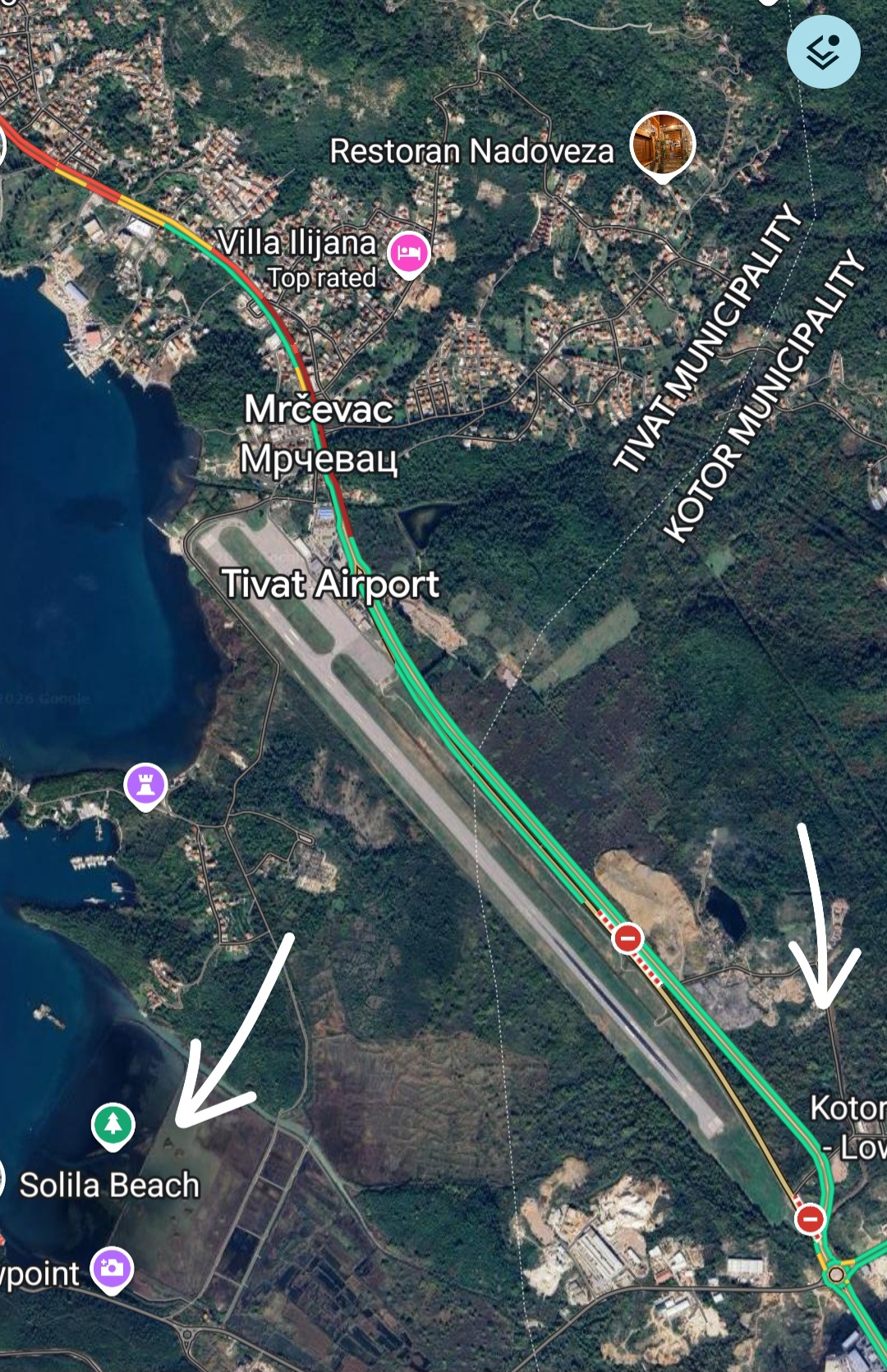 Map showing Tivat Airport with Solila to the southwest and the reported landfill site to the southeast