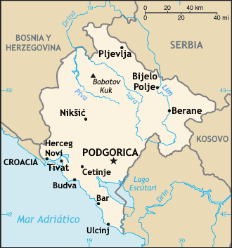 Map of Montenegro showing Podgorica and Tivat